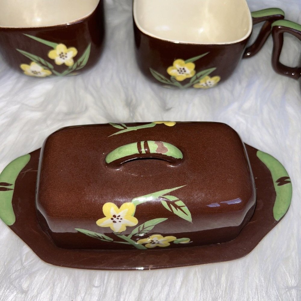 VINTAGE HAND-PAINTED TEAPOTS & BUTTER DISH SET (5 PCS) | Floral - Picture 4 of 9